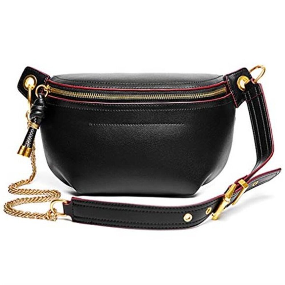 Women Chain Strap Cross-body Bags Genuine Leather Waist Bag with Zipper